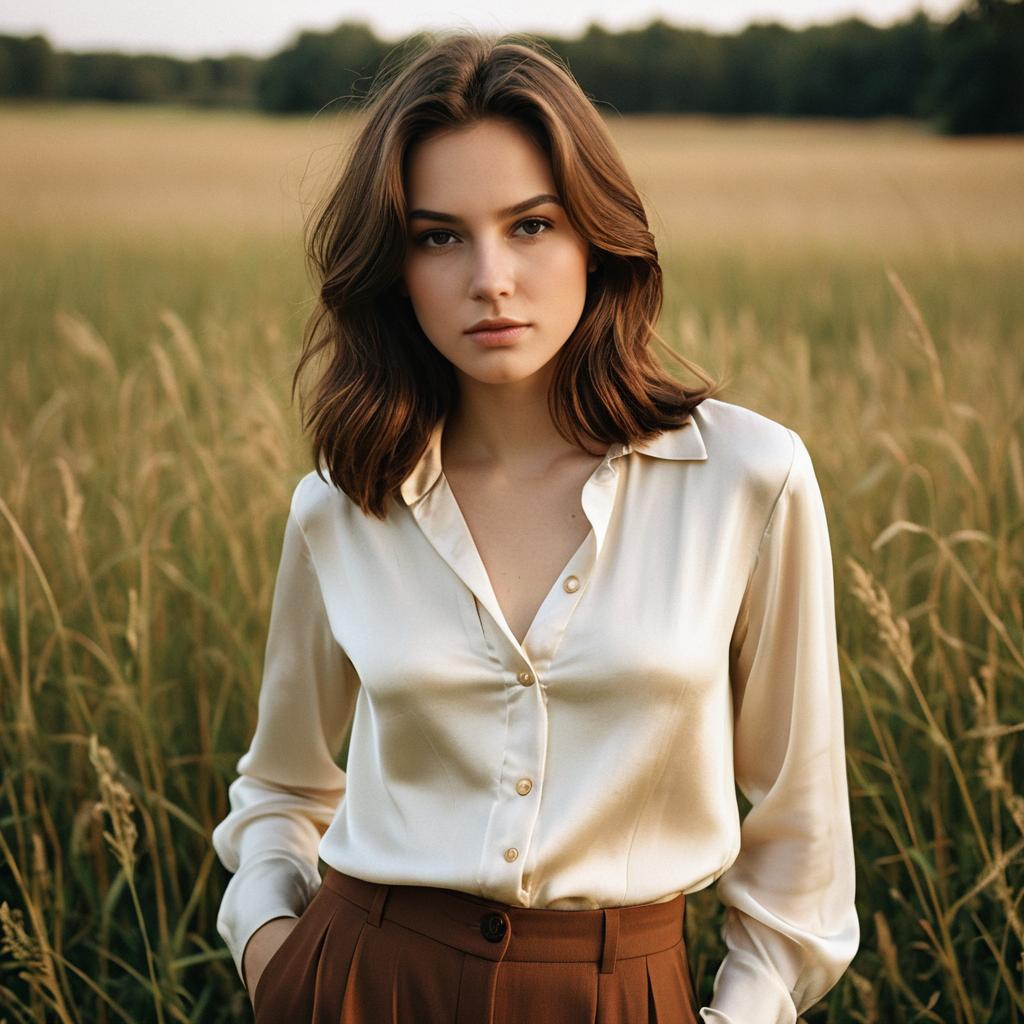 Young Woman in Silk Blouse Standing in Golden Grass Field
