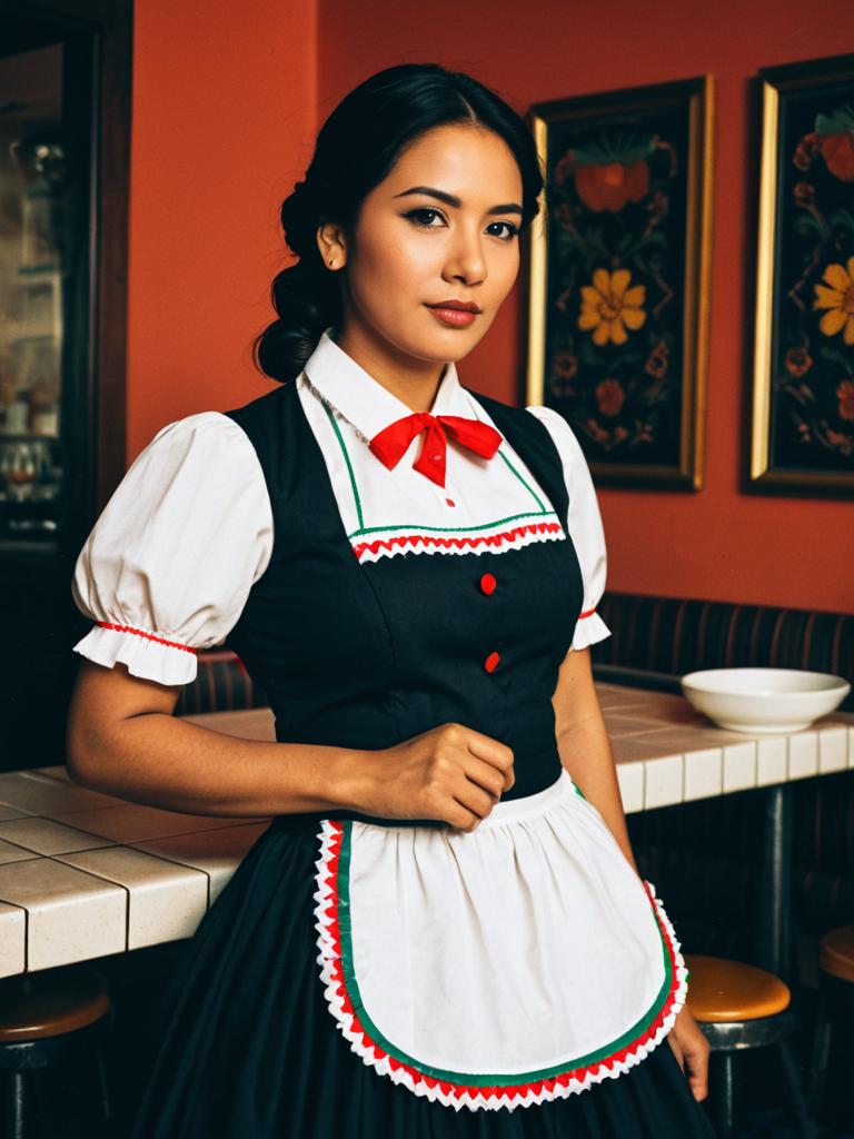 Mexican Woman in Traditional Waitress Costume Waist Up Portrait
