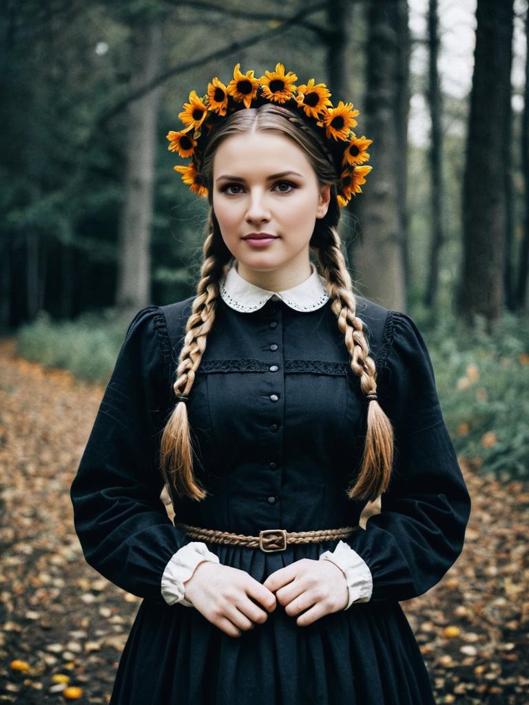 Young Woman in Vintage Dress with Sunflower Crown in Autumn Forest