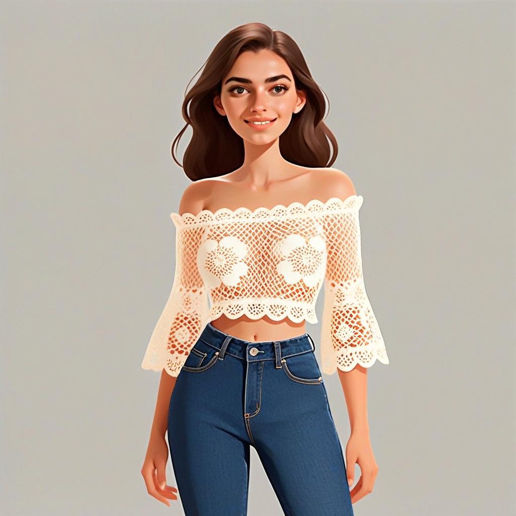 Smiling Woman in Boho Chic Off-Shoulder Lace Crop Top and Blue Jeans