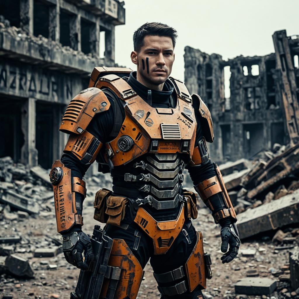 Futuristic Soldier in Orange Armor in Post-Apocalyptic Ruins