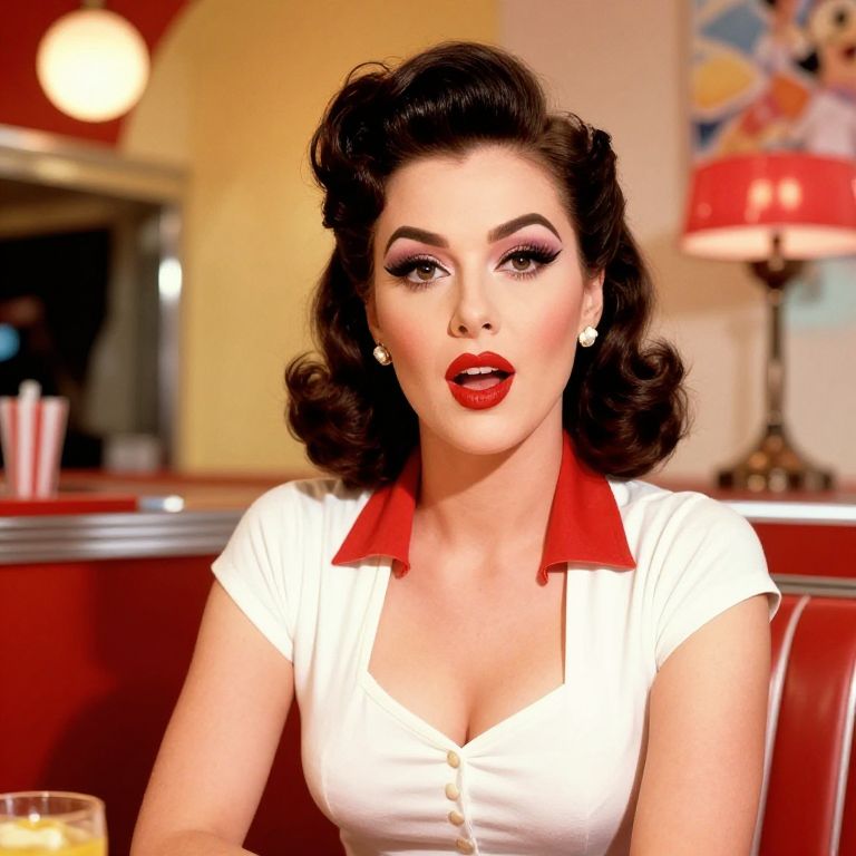 1950s Retro Woman in Diner with Vintage Hairstyle and Makeup