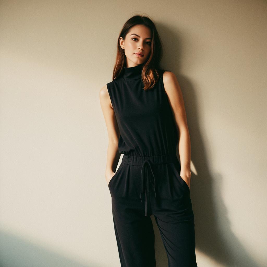 Modern Woman Wearing Sleek Black Sleeveless Jumpsuit in Minimalist Setting