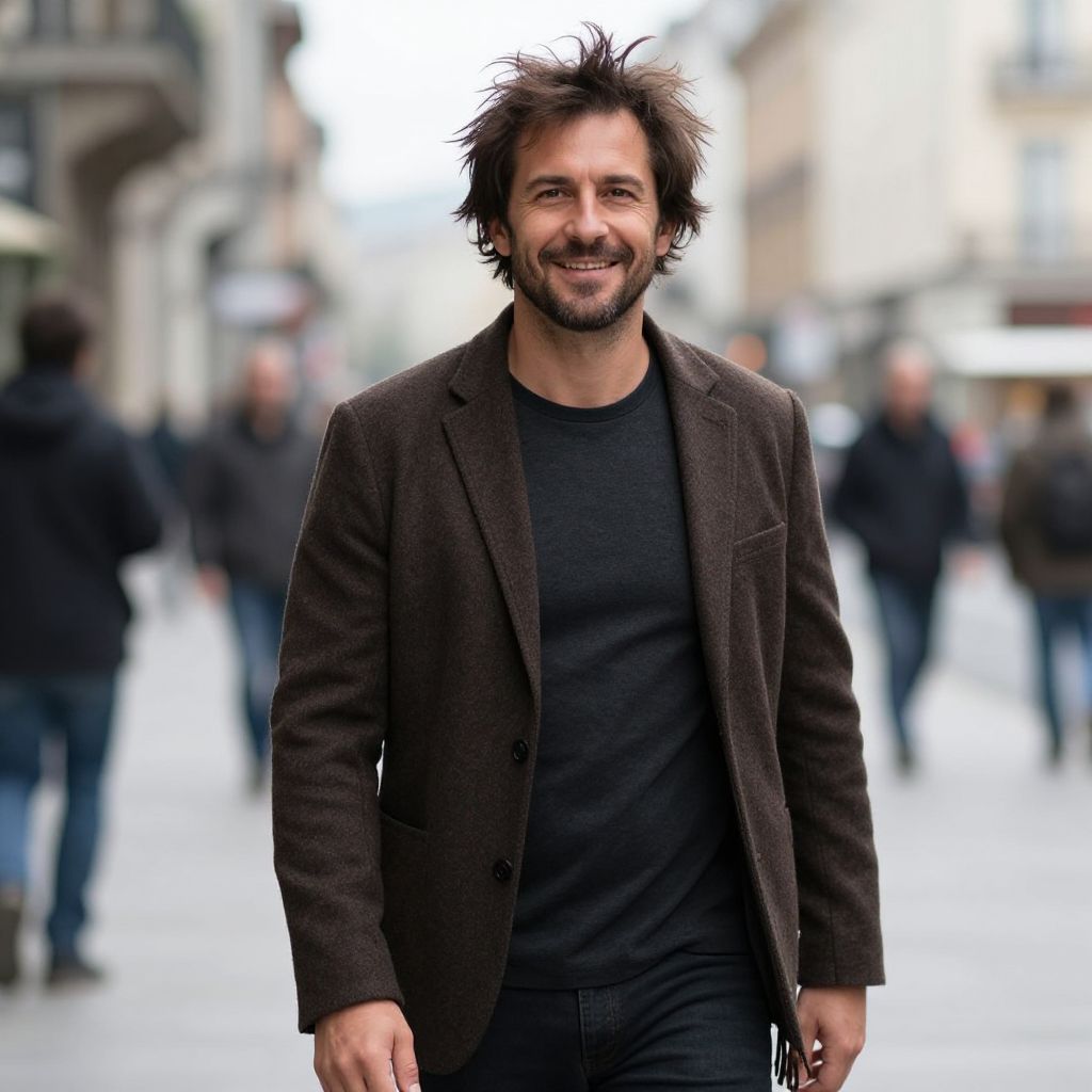 Casual Man Walking Confidently on City Street in Brown Blazer