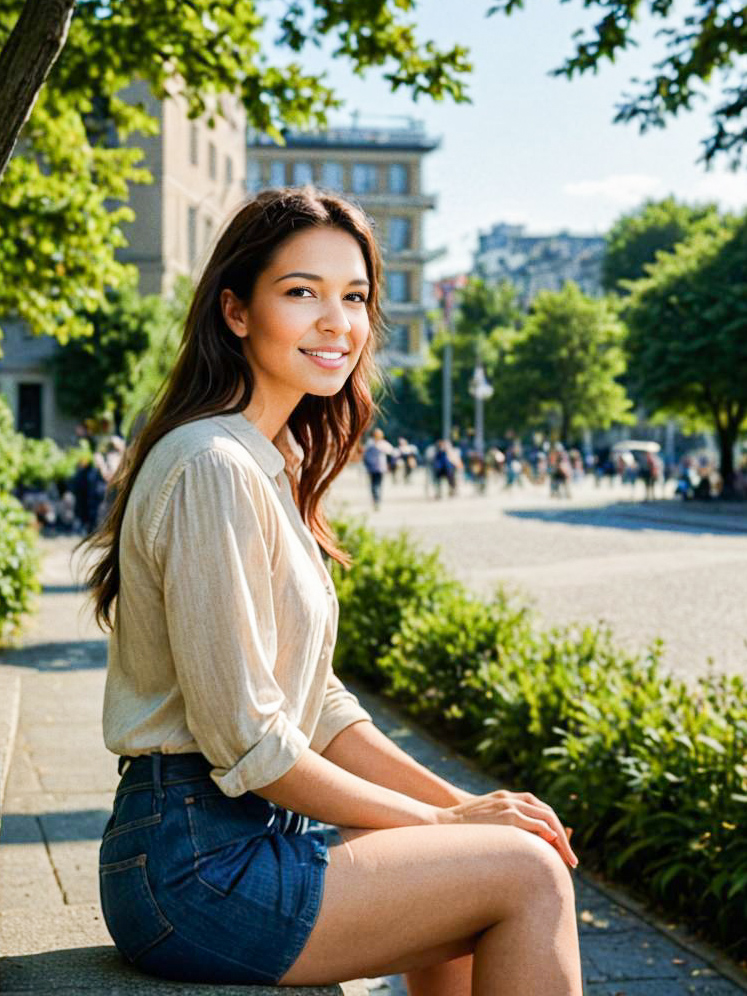 Smiling Woman in Vibrant Urban Setting