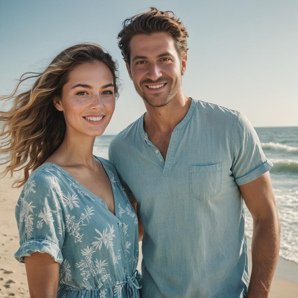 Smiling Couple on Beach in Summer Attire