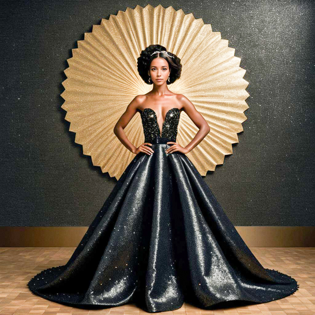 Elegant Woman in Black Gown Against Golden Background