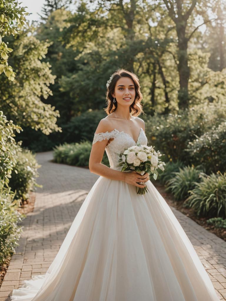 Elegant Bride in Off-Shoulder Gown with Bouquet