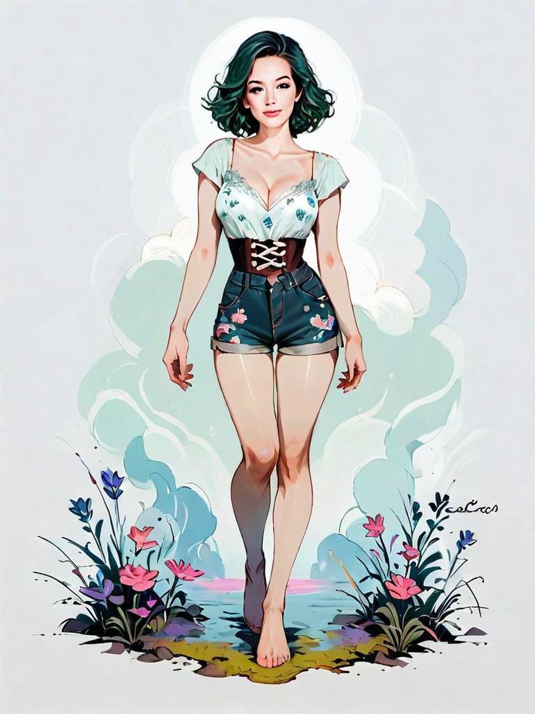 Stylish Woman in Floral Outfit Walking Through Fantasy Garden Digital Illustration