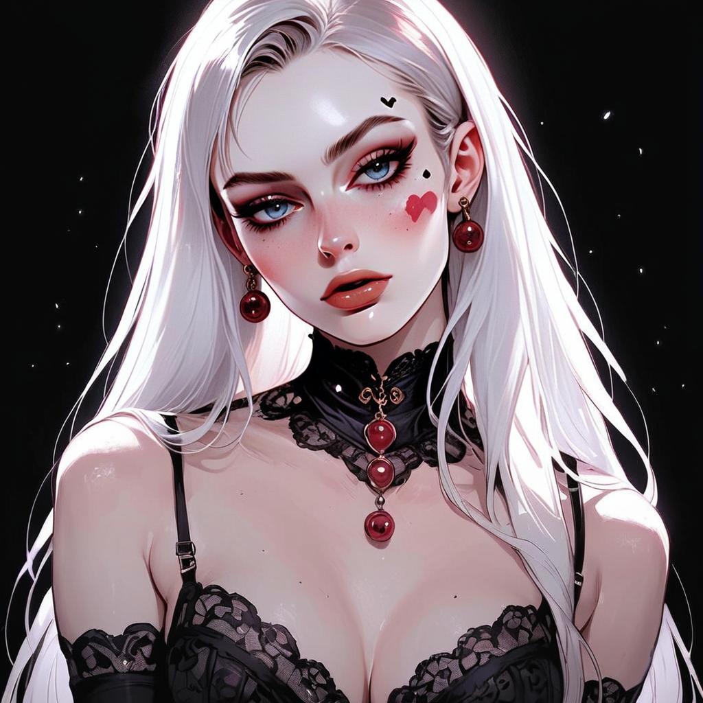 Woman with White Hair and Blue Eyes in Black Lace