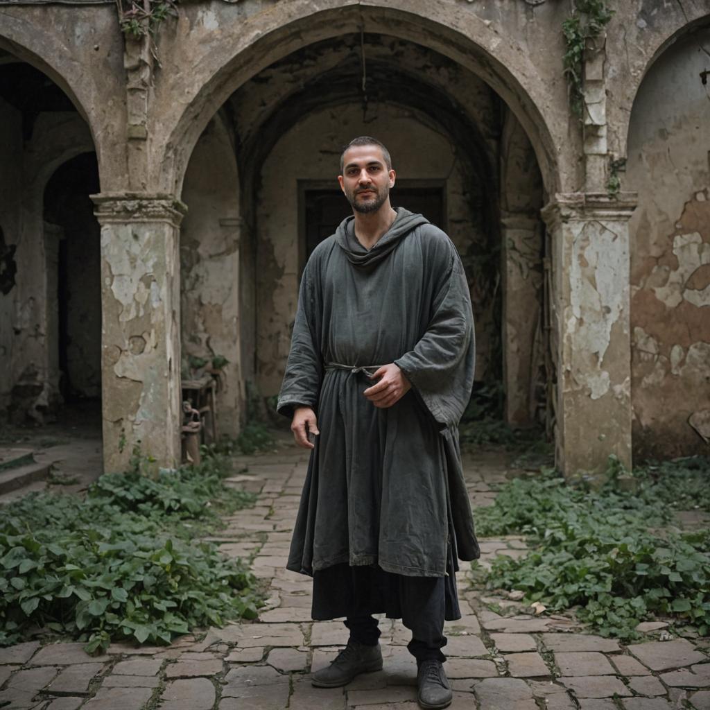 Medieval Man in Serene Courtyard