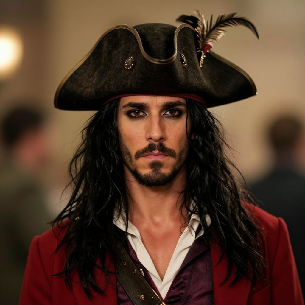 Portrait of Man in Pirate Costume with Black Tricorn Hat