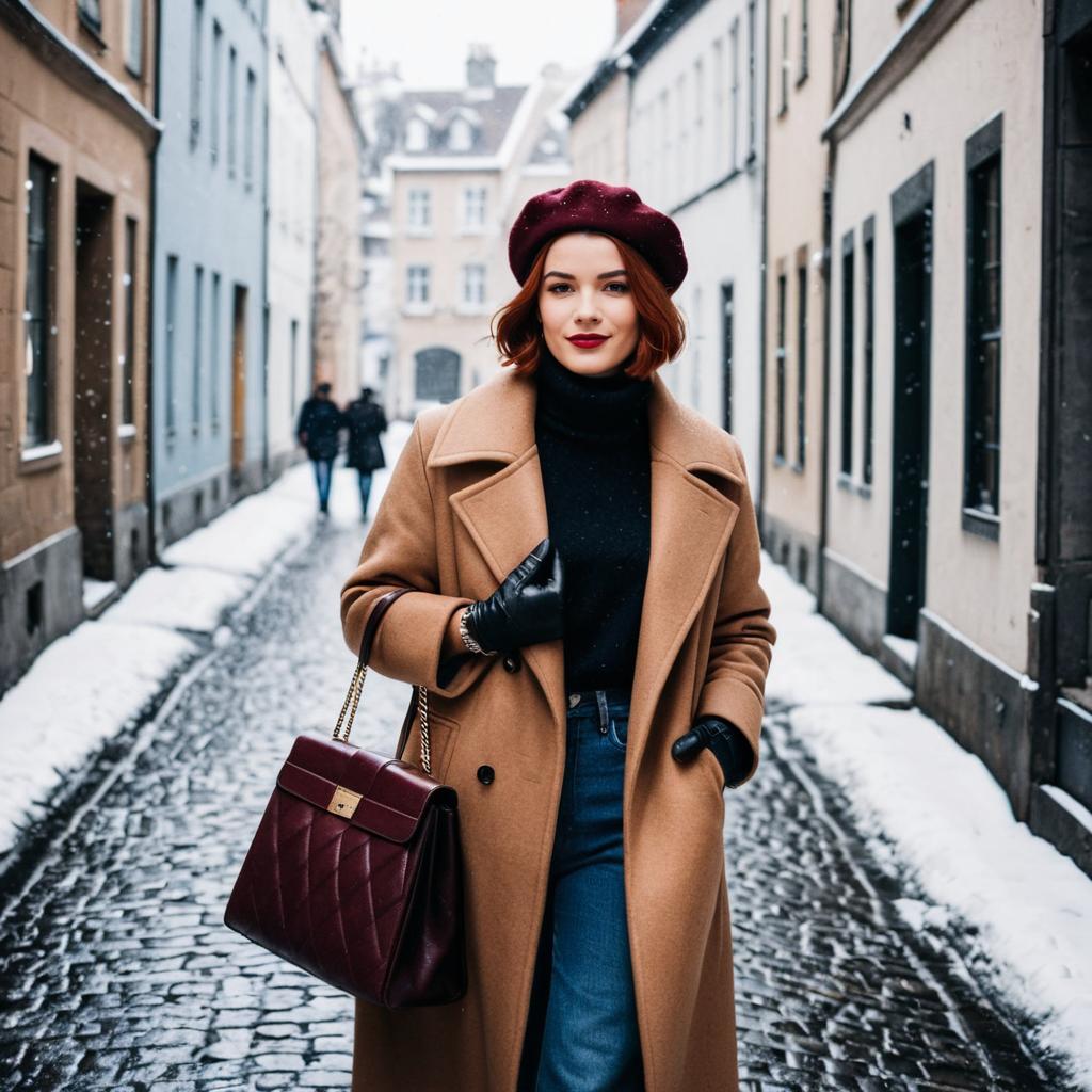 Stylish Woman in Camel Coat and Burgundy Beret on Snowy Urban Street