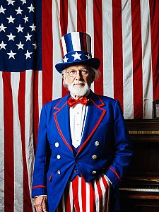 Elderly Man in Patriotic Costume with American Flag