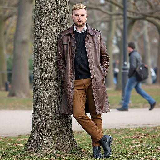Stylish Man in Brown Leather Coat Leaning on Tree in Autumn Park