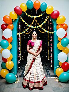 Traditional Indian Woman in Saree Under Festive Balloon Arch