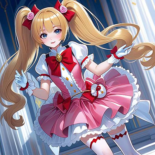 Anime Magical Girl with Blonde Twin-Tails in Pink Frilly Dress