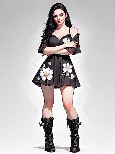 Realistic Comic Style Full Body Illustration of Woman in Floral Black Dress and Boots