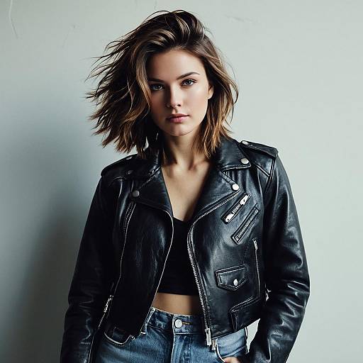 Confident Young Woman in Black Leather Jacket with Urban Casual Style