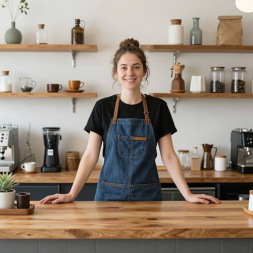 Friendly Barista Woman Standing Behind Coffee Bar in Cozy Café