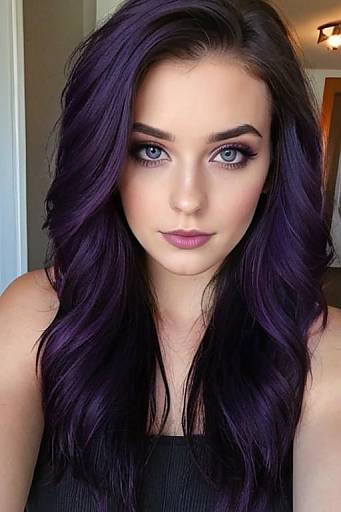 Close-Up Portrait of Woman with Long Dark Purple Hair and Blue Eyes