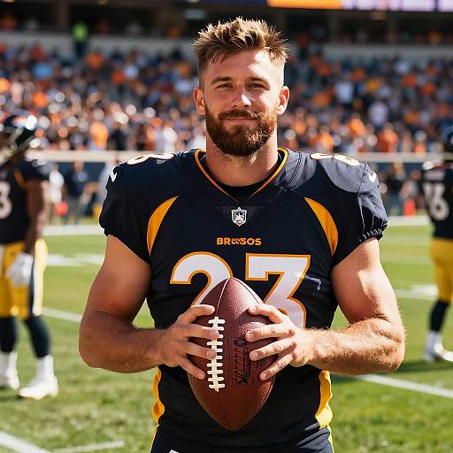 Male Football Player in Dark Uniform Holding Football on Field