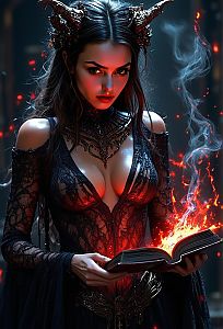 Dark Fantasy Sorceress Woman with Fiery Magical Book