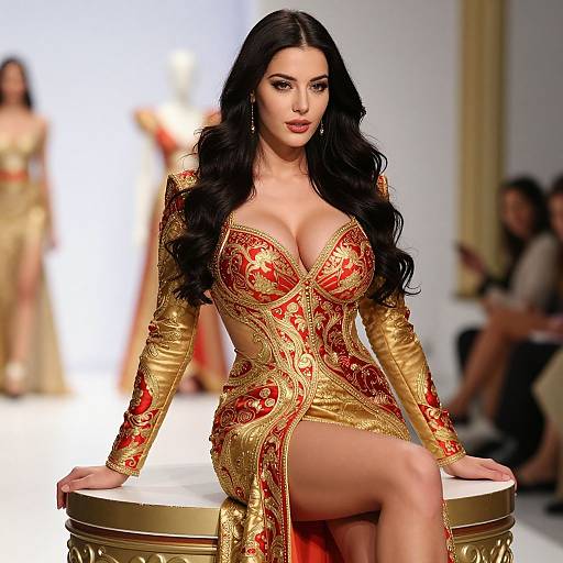 Glamorous Woman in Red and Gold Embroidered Dress on Fashion Runway