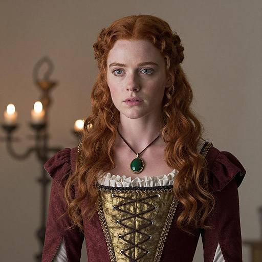 Young Woman in Renaissance Style Dress with Green Pendant Necklace