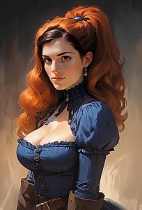 Portrait of Woman in Victorian Style Blue Dress with Red Hair
