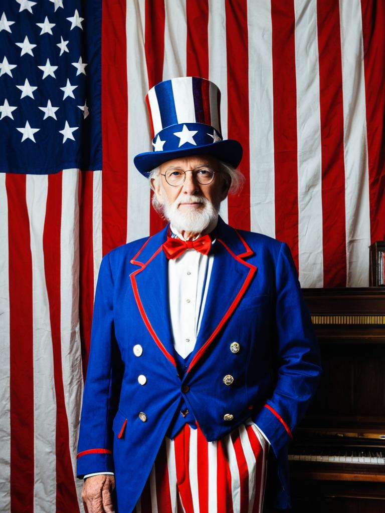 Elderly Man in Patriotic Costume with American Flag