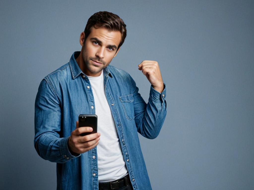 Casual man in denim jacket with smartphone