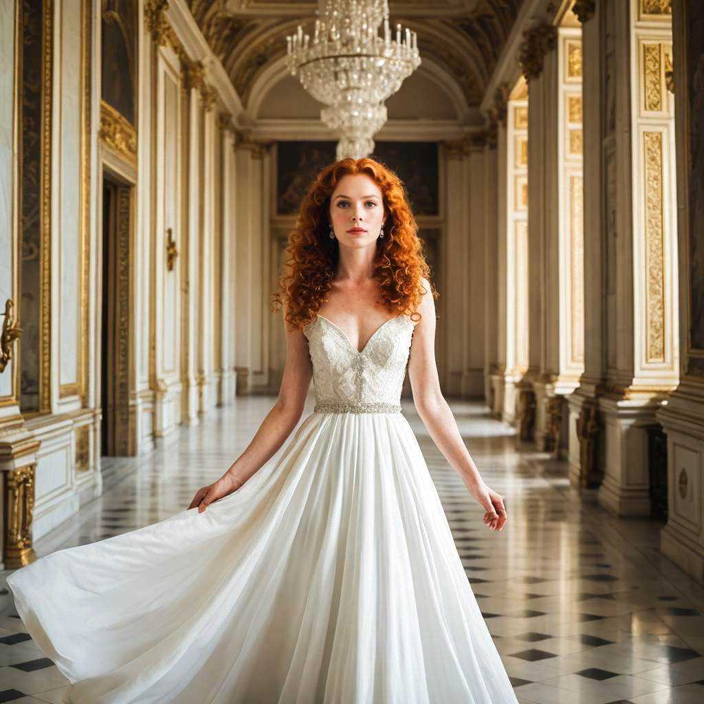 Elegant Woman in White Gown in Opulent Hall