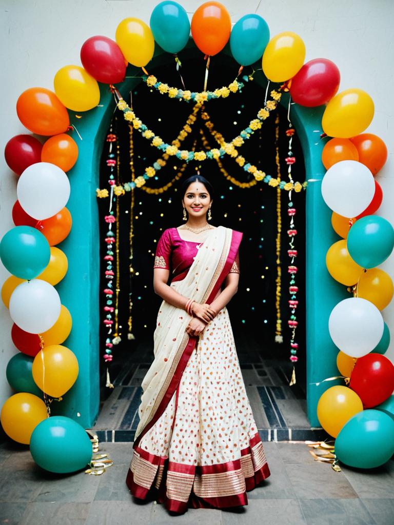 Traditional Indian Woman in Saree Under Festive Balloon Arch Traditional Indian Woman in Saree Under Festive Balloon Arch