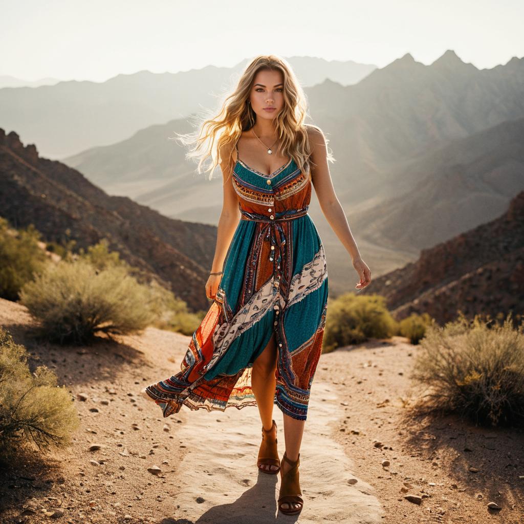 Bohemian Woman in Colorful Dress Walking on Desert Trail with Mountain Background