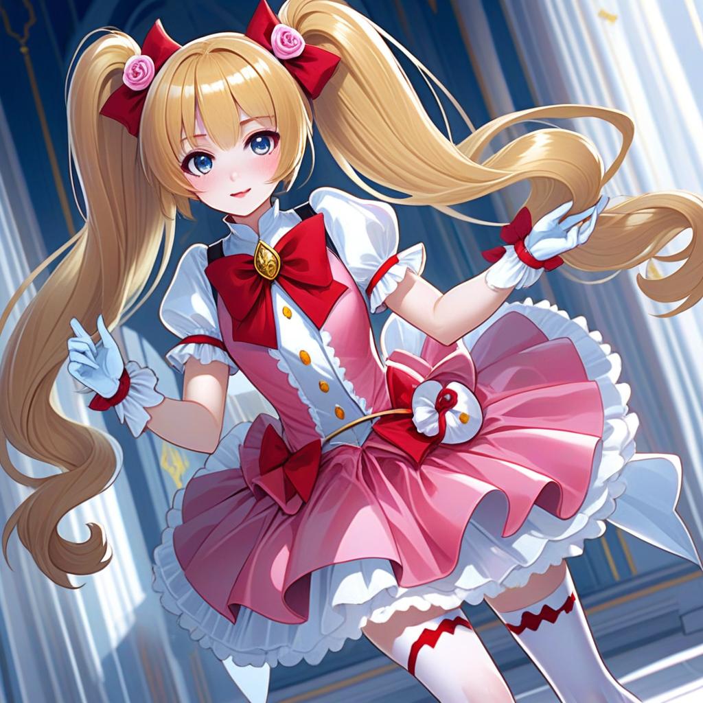 Anime Magical Girl with Blonde Twin-Tails in Pink Frilly Dress
