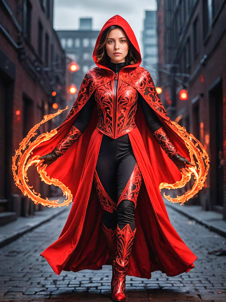 Powerful Female Superhero in Red Outfit