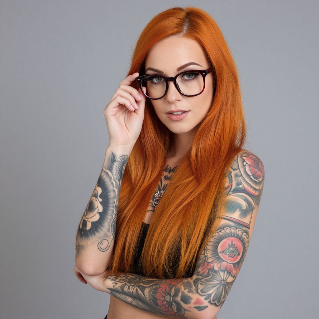 Red Haired Tattooed Woman with Glasses Posing Confidently