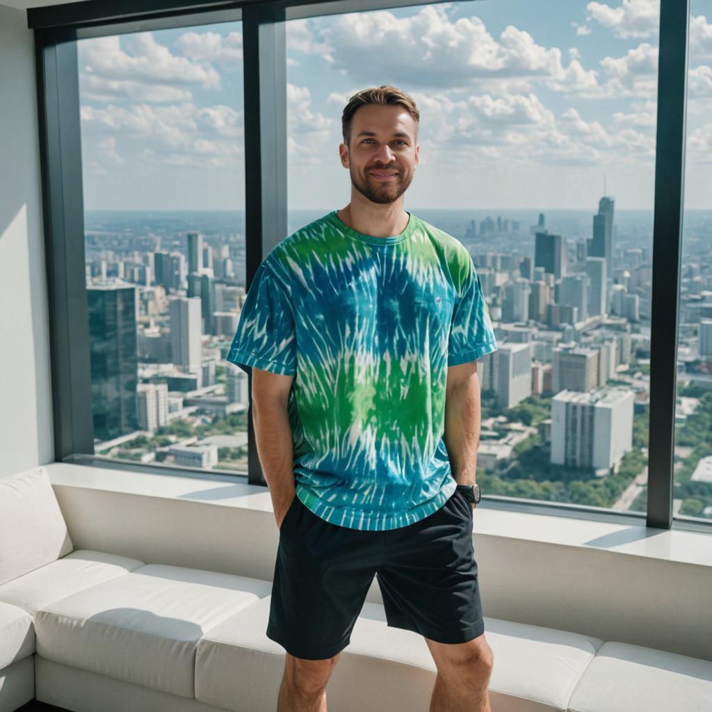 Confident Man in Tie-Dye T-Shirt Overlooking City