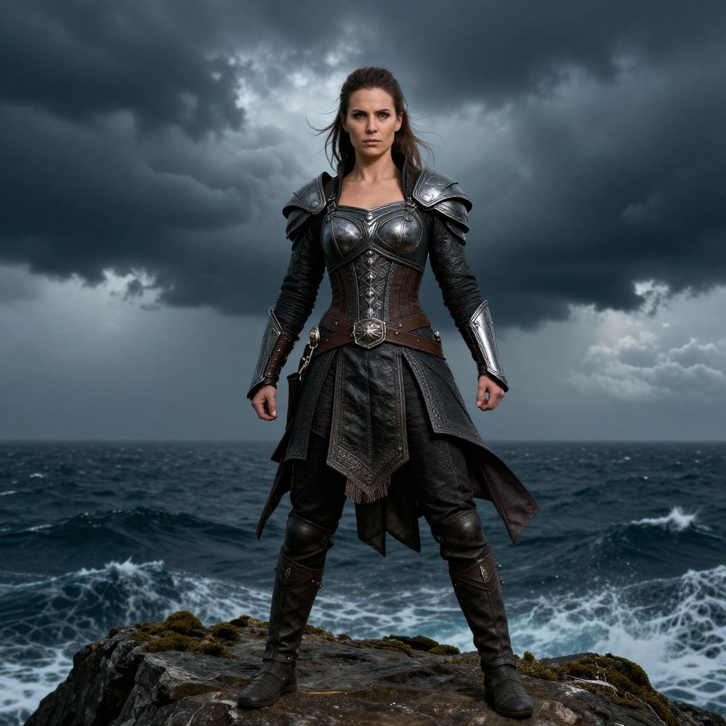 Medieval Female Warrior in Armor Standing on Rocky Shore with Stormy Sea