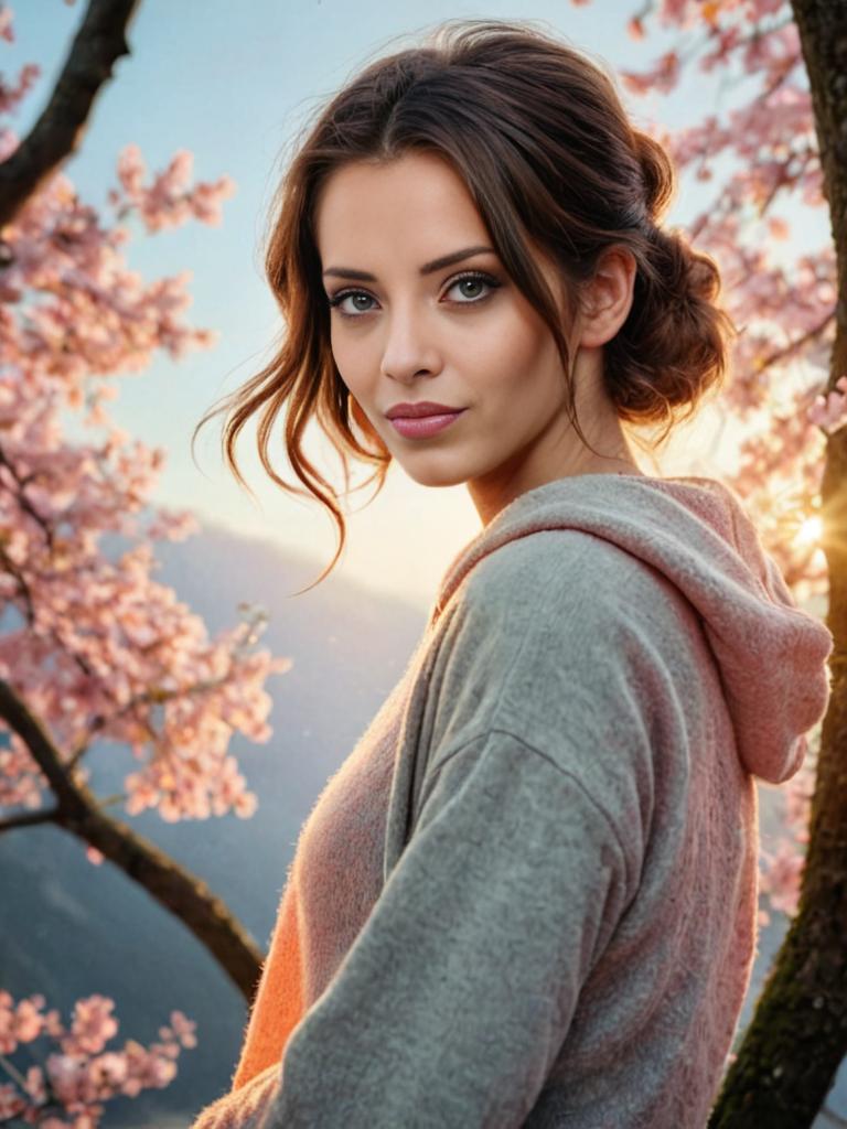 Woman in Gray Hoodie with Cherry Blossoms