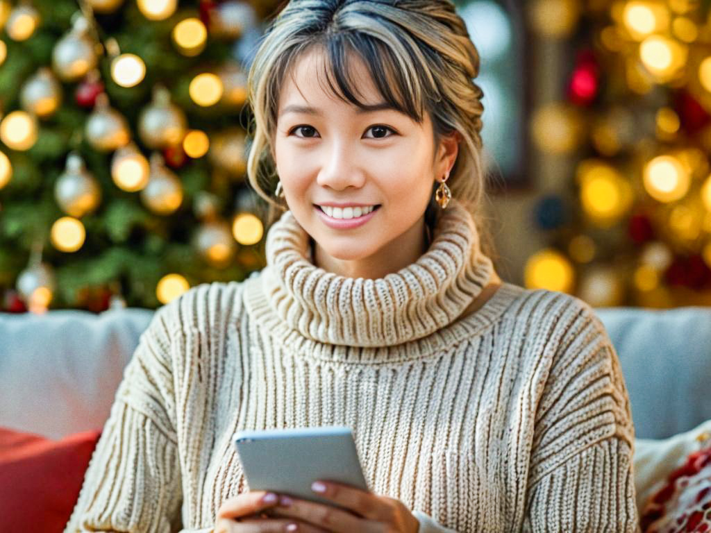 Cheerful Woman Enjoying Holiday Spirit with Smartphone