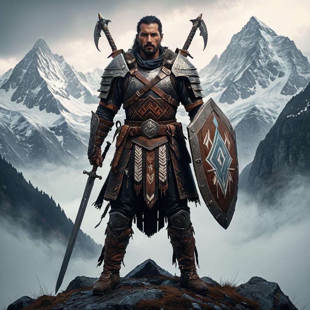 Medieval Warrior in Armor with Sword and Shield on Mountain Peak