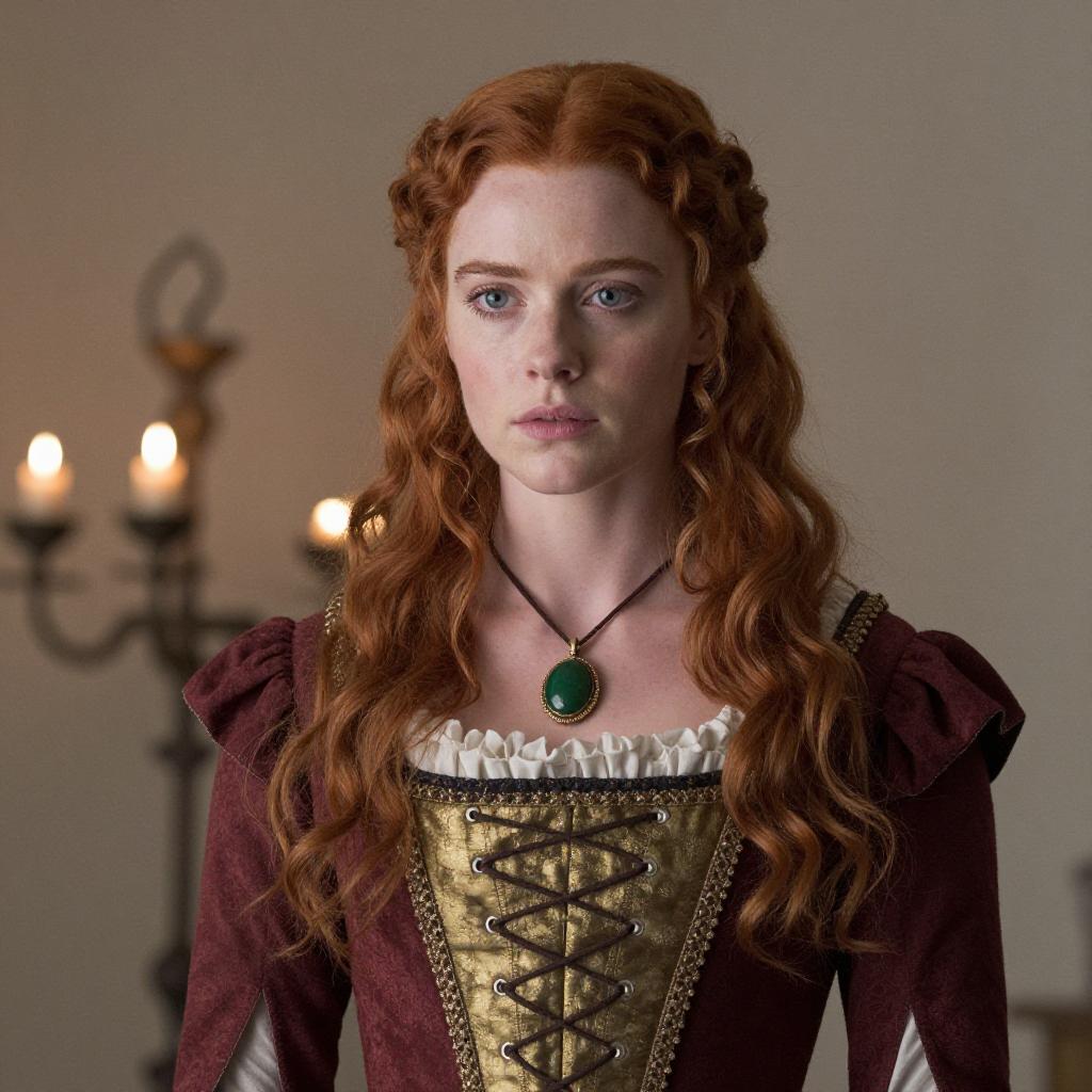 Young Woman in Renaissance Style Dress with Green Pendant Necklace