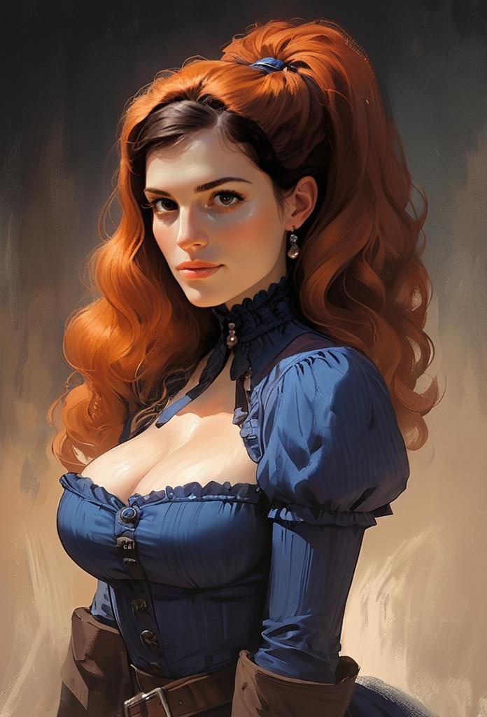 Portrait of Woman in Victorian Style Blue Dress with Red Hair