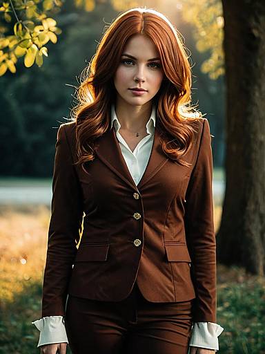 Realistic Cosplay Woman Wearing Erica Brown Brown Suit Outdoors