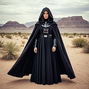 Woman in Dark Lord Cloak and Armor Standing in Desert Landscape
