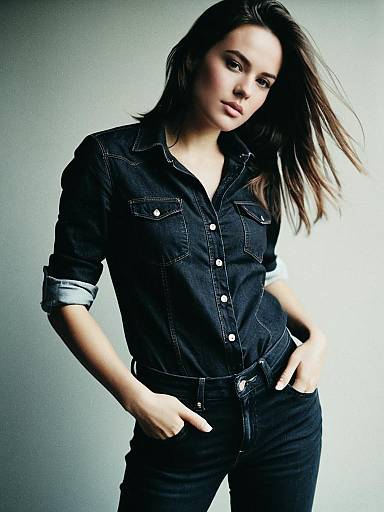 Woman in Black Denim Shirt and Jeans Editorial Portrait Waist Up