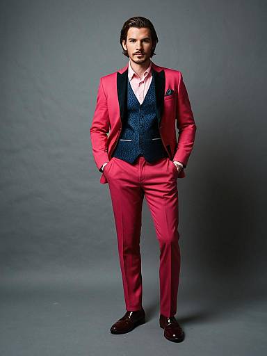 Man in Stylish Pink Prom Costume with Navy Blue Waistcoat