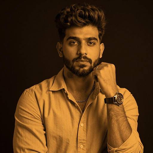 Portrait of Thoughtful Man with Beard Wearing Casual Shirt and Wristwatch